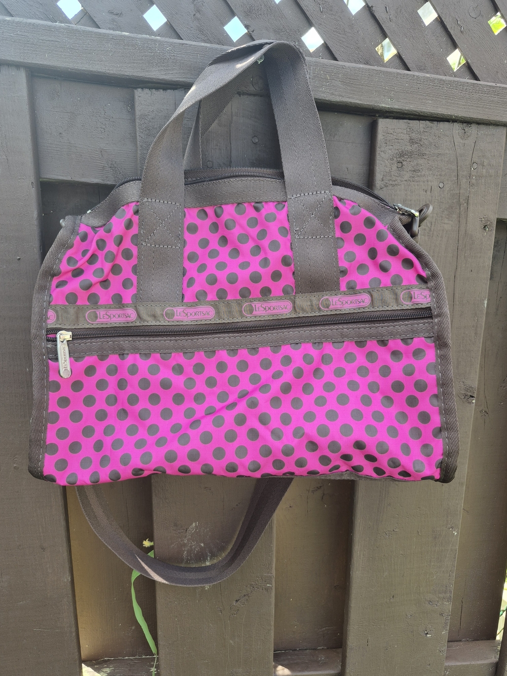 LeSportsac Hot Pink Polka Dot Bag Purse Satchel Zip Pockets Travel Crossbody